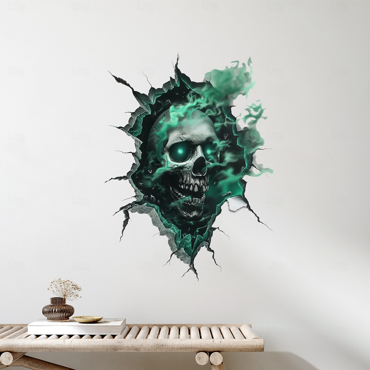 Halloweenská samolepka na zeď 3D lebka realistický děsivý průlomový design lebky, samolepicí bytová dekorace do obývacího pokoje sváteční atmosféra 2025 - $6.49 –P6