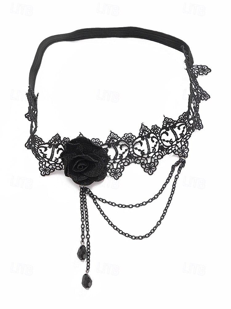 Liga elástica de encaje gótico con rosas para mujer, con cadenas y cuentas, joyería elástica vintage para muslos, ideal para fiestas de Halloween y cosplay. 2025 - $9.99 –P8
