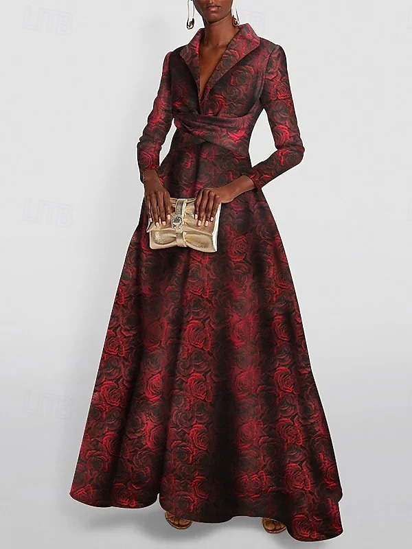 Red Jacquard Gown A-Line Evening Elegant Dress Formal Wedding Floor Length Long Sleeve Shirt Collar Pocket Nylon with Bow(s) Slit Pocket 2025 - $147.99 –P1
