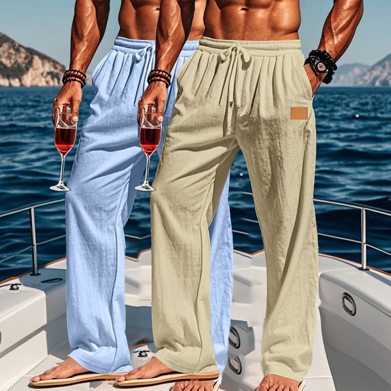 Men's Linen Pants Trousers Summer Pants Baggy Pants Beach Pants Drawstring Elastic Waist Straight Leg Plain Comfort Breathable Full Length Outdoor Holiday Beach Vacation Fashion White+Sky Blue 2025 - €21.59 –P9