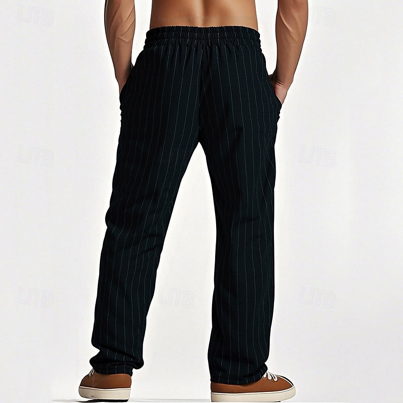 Men's Linen Pants Trousers Summer Pants Beach Pants Pocket Elastic Waist Drawstring Striped Comfort Breathable Vacation Daily Holiday Hawaiian Boho Black White 2025 - $21.99 –P12