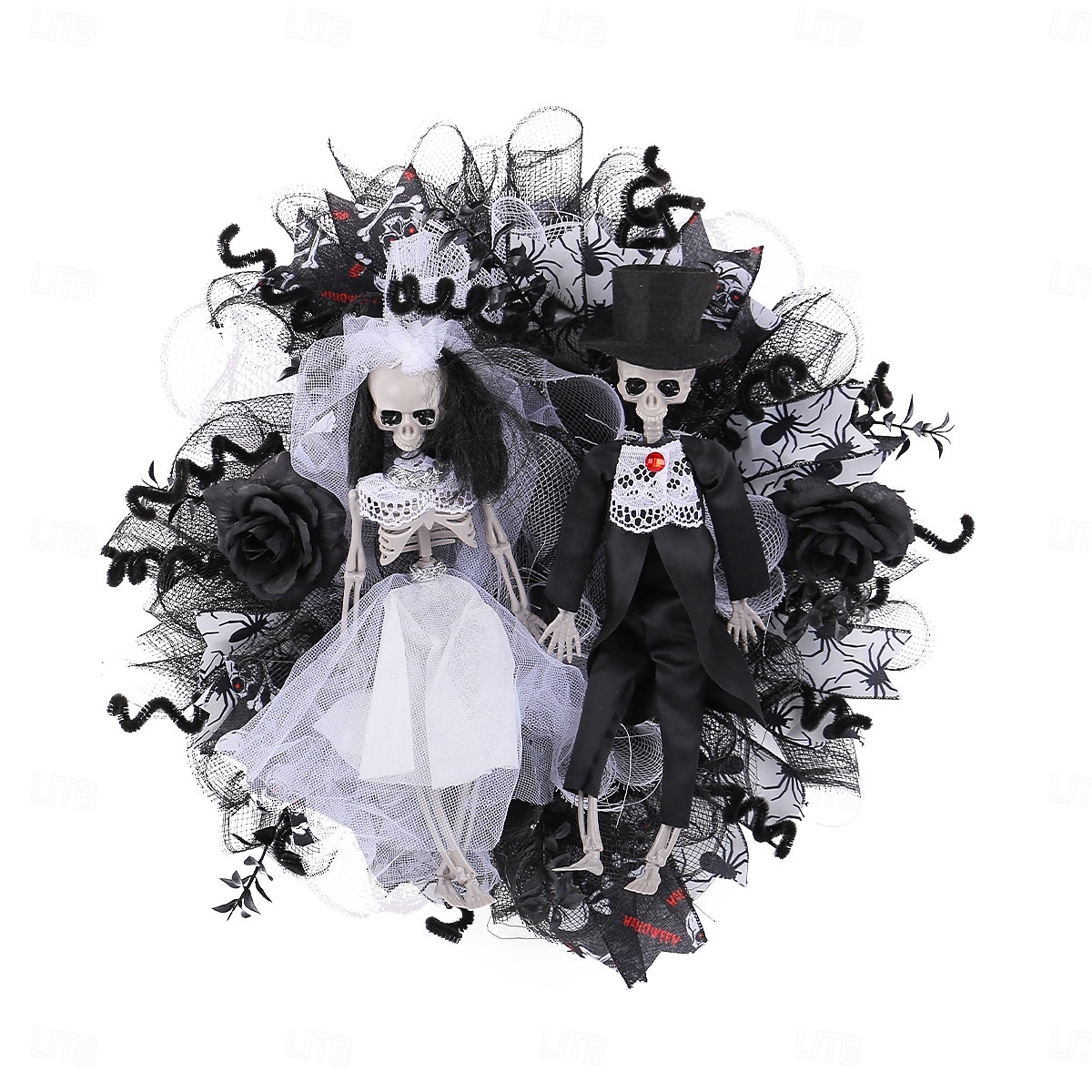 wieńce halloweenowe do dekoracji drzwi wejściowych wewnątrz i na zewnątrz, szkieletowy wianek z siatki dla panny młodej i pana młodego z pnączem duchów do nawiedzonego domu 2025 - $34.99 –P6