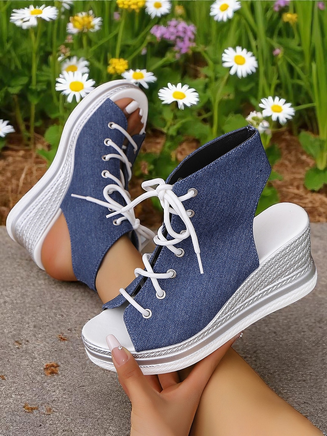 damskie sandały na koturnie z denimu, modne letnie buty z odkrytymi palcami, idealne na basen, wyjścia na brunch i do nadmorskich kawiarni 2025 - $26.99 –P1