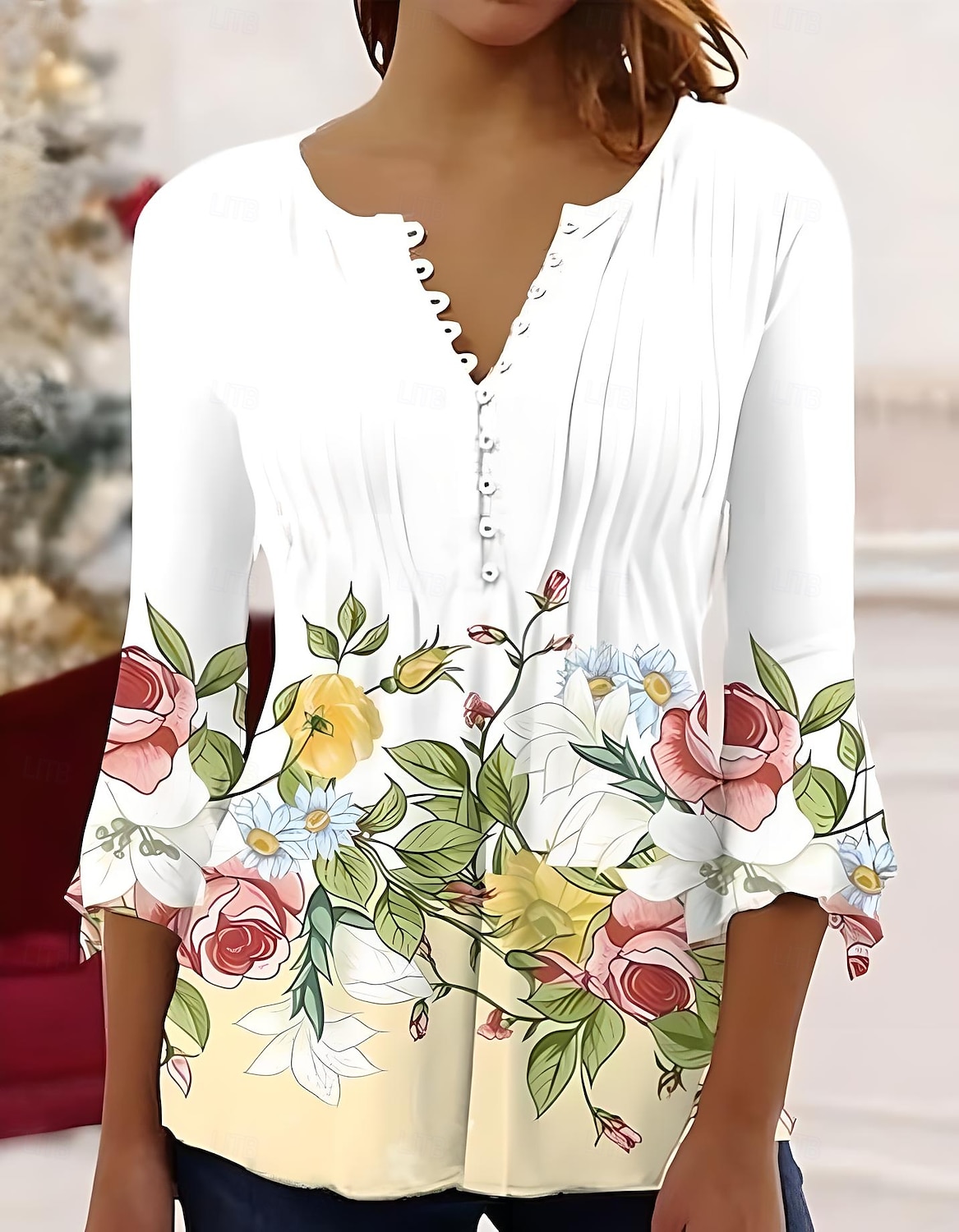 Femmes Chemisier A Ombre Fleuri Graphique Élégant Manche 3/4 Col en V Hauts Réguliers Quotidien Sortir Boutons Noir Blanche Bleu Violet Vert Été Printemps Automne de 2025 ? $27.99 –P3