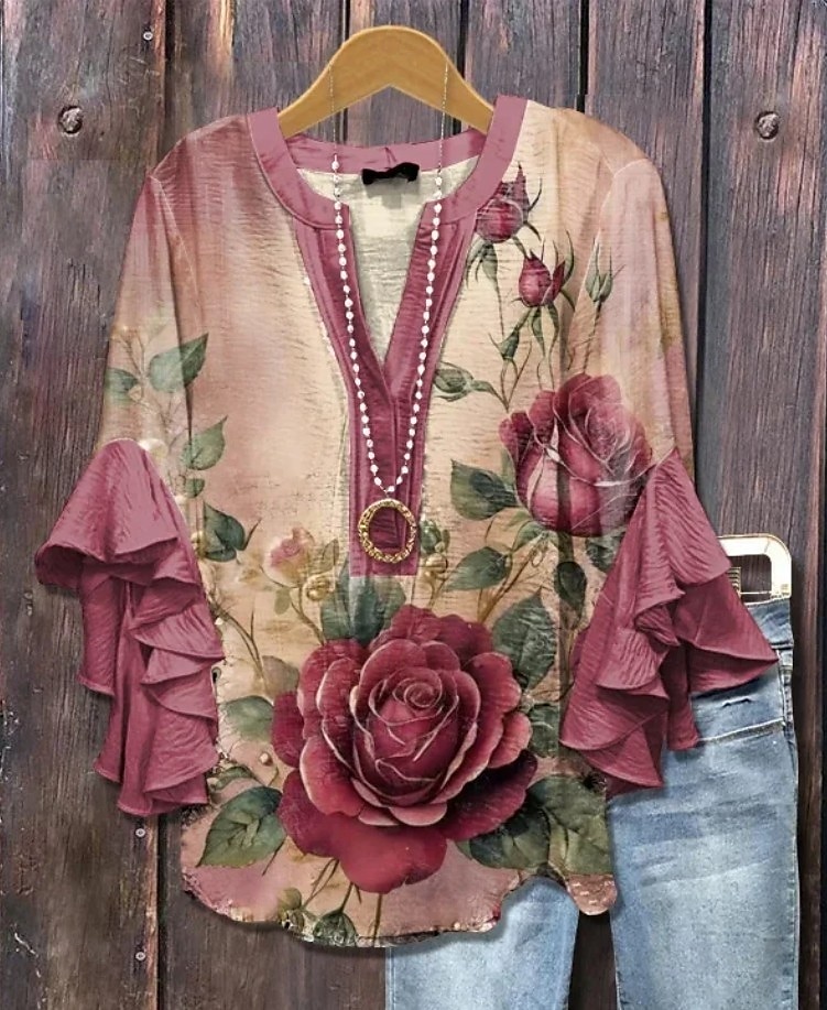 Pentru femei Bluză Floral Grafic Elegant Boemia Έθνικ Lungime Manșon 3/4 În V Topuri obișnuite Zilnic Concediu Îmbrăcăminte de vacanță Bufantă Imprimeu Roz Îmbujorat Roșu-aprins Albastru piscin 2025 - $29.99 –P1