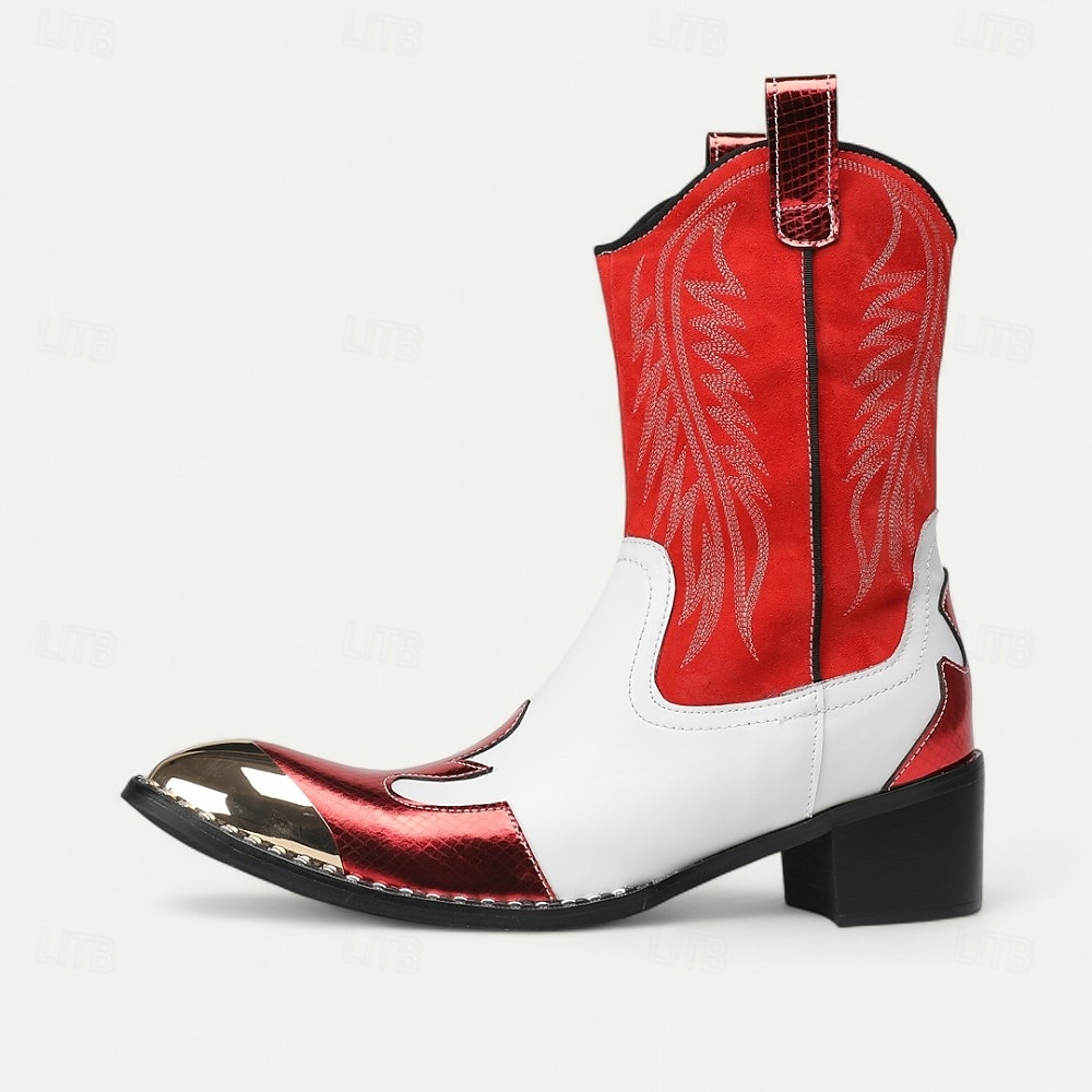 Botine cowboy pentru bărbați roșii și albe – Design cu contrast îndrăzneț cusături clasice cu vârf auriu încălțăminte statement pentru evenimente în aer liber și petreceri tematice 2025 - $149.99 –P1