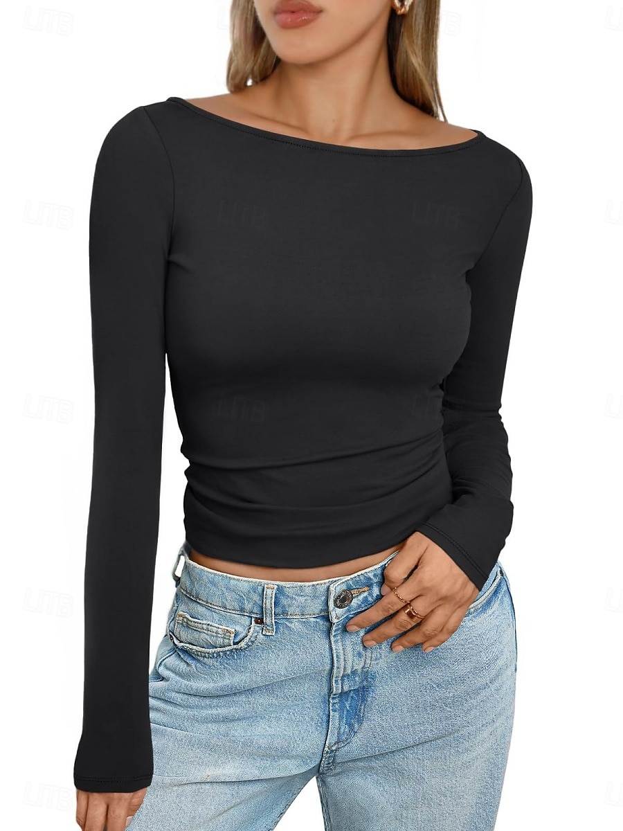 Femmes Hauts moulants Couleur Unie Élégant Occasionnel Y2K manche longue Col ras du cou Hauts courts Quotidien Fête Sortir Noir Blanche Rose Claire Marron Été Printemps de 2025 ? $17.99 –P1