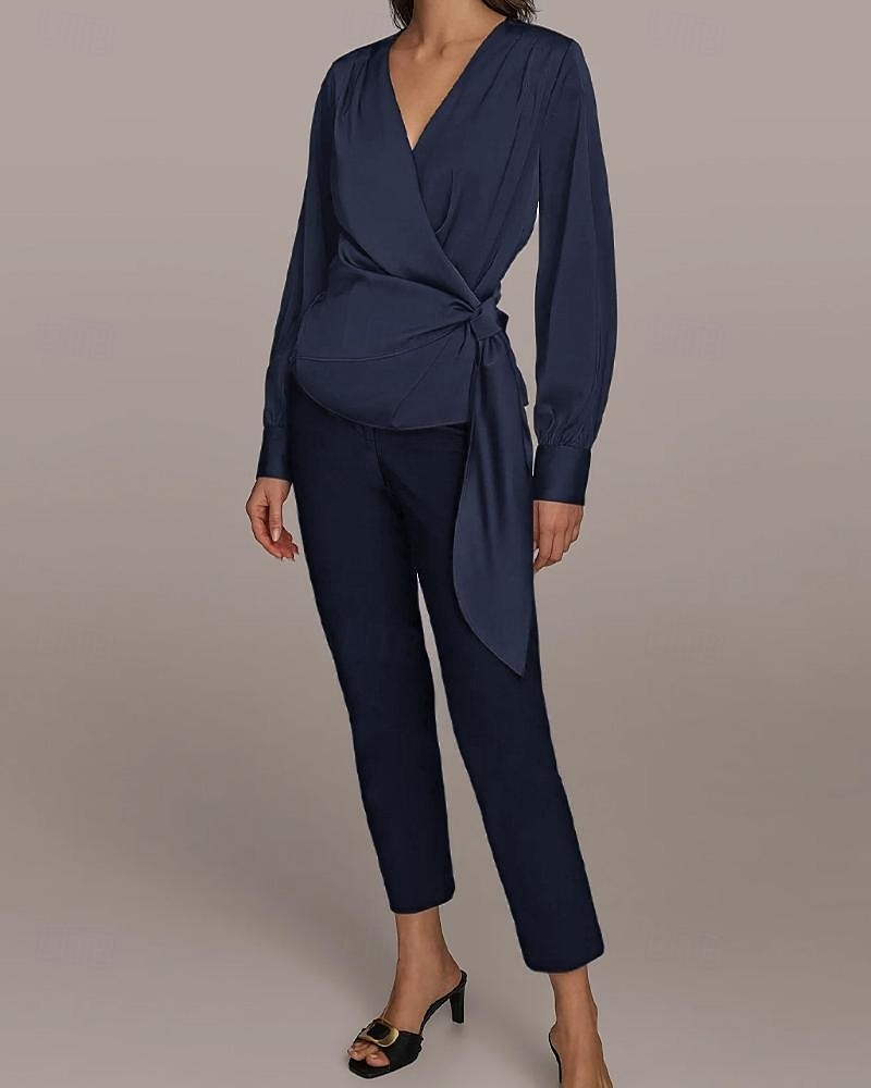 Two Piece Jumpsuit / Pantsuit Pantsuit Mother of the Bride Pantsuit Elegant Vintage Simple V Neck Ankle Length Satin Top Stretch Crepe Pants V Long Sleeve with Bow(s) Ruched 2025 - $130.99 –P4
