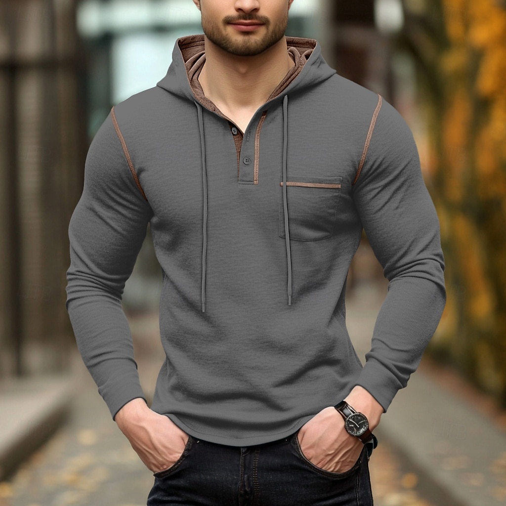 Per uomo Maglietta Felpa con cappuccio Henley Manica Lunga Con Cappuccio Henley Primavera & Autunno Tinta unica Maglieria Quotidiano All'aperto Tasca All'aperto Casual Casuale Grigio scuro blu navy del 2025 a $22.99 –P5