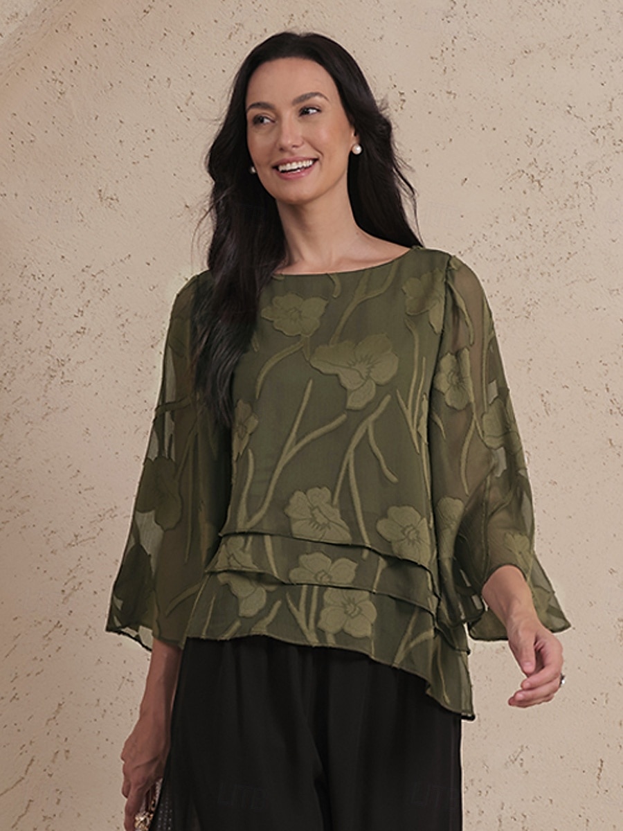 Dames Kanten overhemd Blouse Geklede topjes Chiffon-topjes Effen Kleur Bloemig Elegant Stijlvol Casual Halve mouw Flutter mouw Boothals Normale tops Bruiloft gast Werk Dagelijks Asymetrische zoom 2025 - $59.99 –P4
