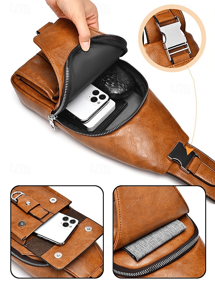 Ανδρική καφέ τσάντα χιαστί από τεχνητό δέρμα - αδιάβροχη και ανθεκτική στις γρατσουνιές τσάντα στήθους με ρυθμιζόμενο ιμάντα ώμου για ταξίδια, εργασία ή καθημερινή χρήση σε πάρτι 2026 - $19.99 –P4