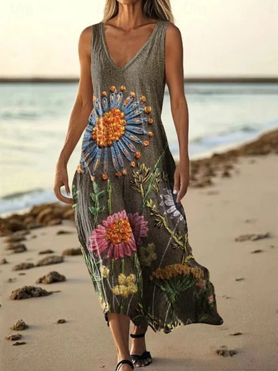 Mujer vestido largo vestido largo Vestido informal Vestido de Tanque Vestido de verano africano Diario Festivos Playa Ajuste regular Floral Sin Mangas Escote en Pico Blanco Morado Verde Trébol 2025 - $21.99 –P1