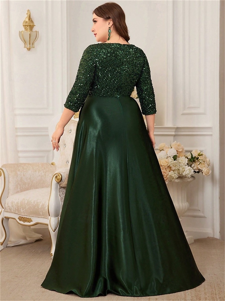 A-Linie Plus-Size Kleider Elegantes Kurvenkleid Formelle Hochzeit Bodenlänge 3/4 Länge Ärmel V-Ausschnitt Satin mit Pailletten 2025 - $119.99 –P6