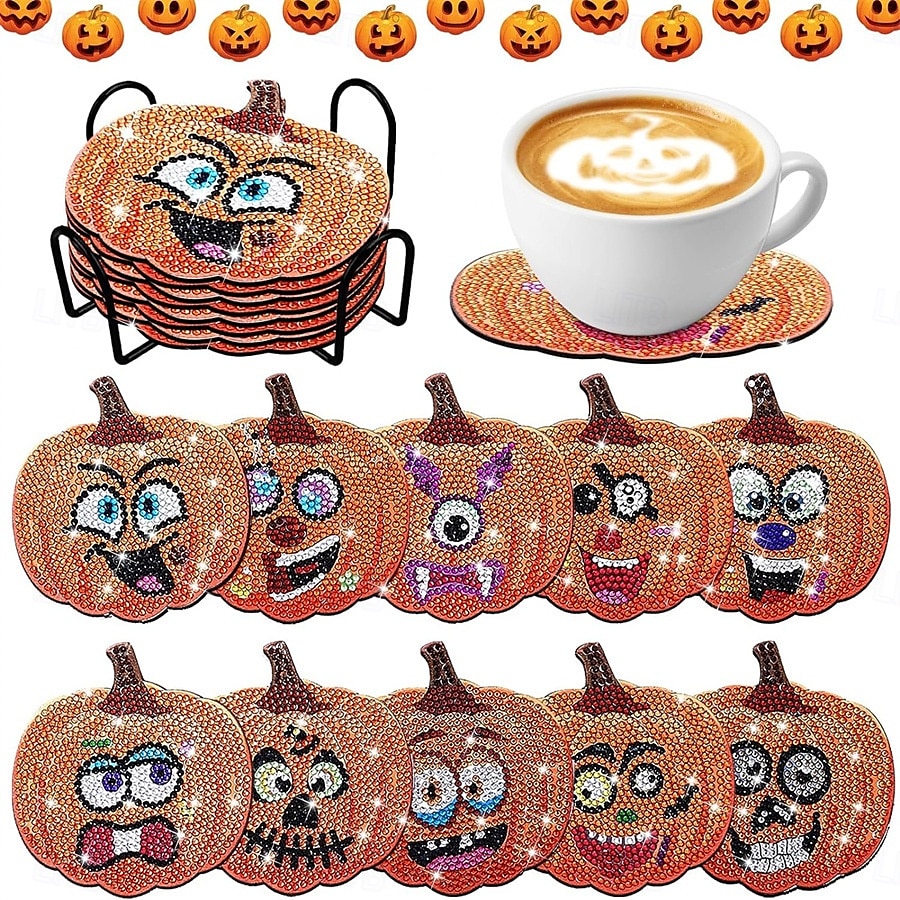 10pcs Halloween Pumpkin Wooden Coaster Set, Handmade DIY Dot Diamond Art Cup Mats, Insulated Non-slip Drink Coasters with Stand for Party Table Decor 2025 - $20.99 –P1