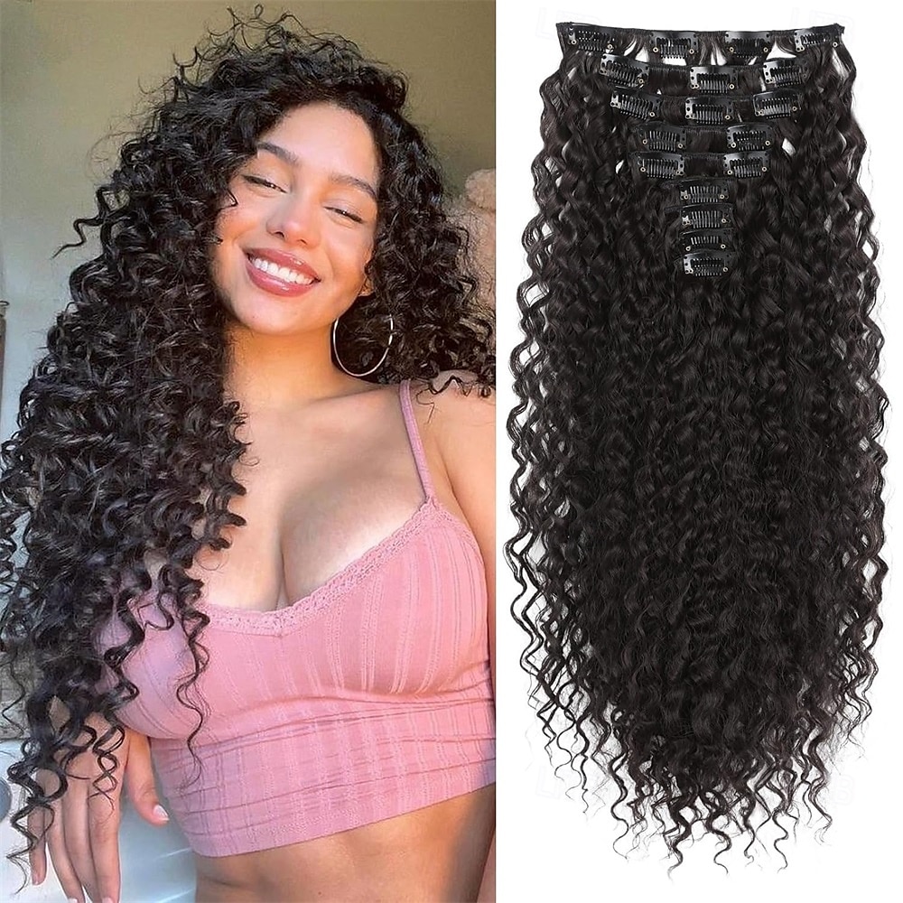 Extensions de cheveux synthétiques bouclés à clips, 9 pièces, 22 pouces, longues, douces et épaisses, pour femmes - Noir et brun de 2025 ? $26.99 –P1