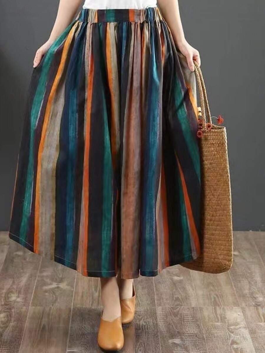 Pentru femei Fustă Linie A Modă Casual Maxi Talie Înaltă Fuste Dungi Buzunar Imprimeu Micro-elastic Stradă Zilnic Roșu-aprins Vară Poliester 2025 - $19.99 –P1