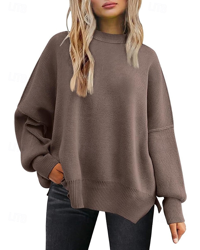 Women's Sweater Pullover Casual Solid Color Ribbed Crew Neck Knitted Long Sleeve Regular Tops Knit Going out Weekend Black White Fall 2025 - $28.99 –P1
