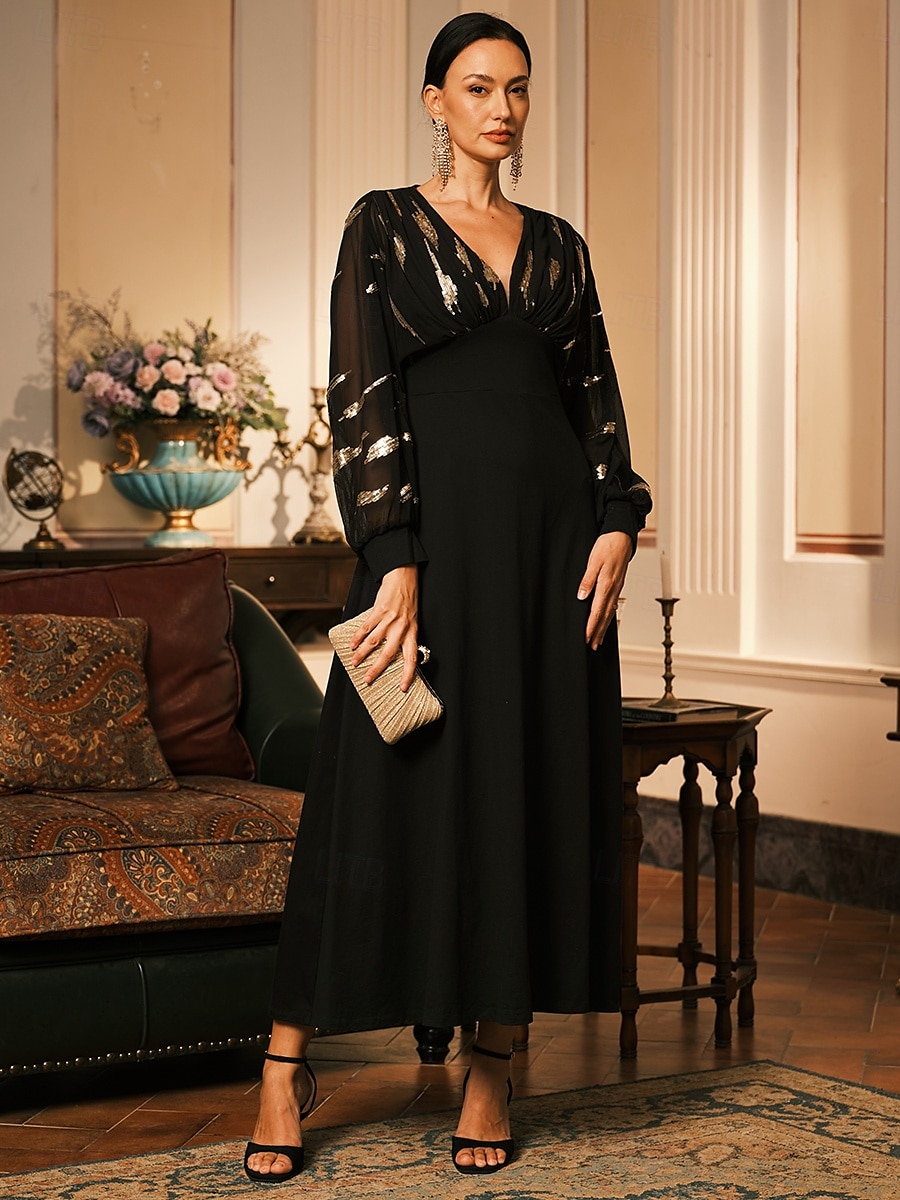 Women's Long Dress Sheer Feather Print Sleeves V-neck Black Festive Party Elegant Maxi Winter Fall Clothing Apparel 2025 - $99.99 –P7