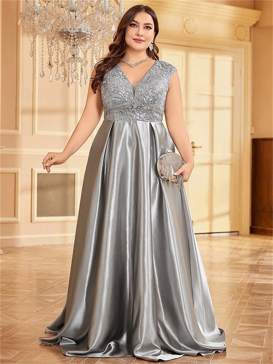 Robe A-Line Grande Taille Élégante Robe Courbe De Mariage Formelle Longue Au Sol Manches Courtes Col en V Satin Dos Nu Avec Plis 2025 de 2025 ? $119.99 –P7