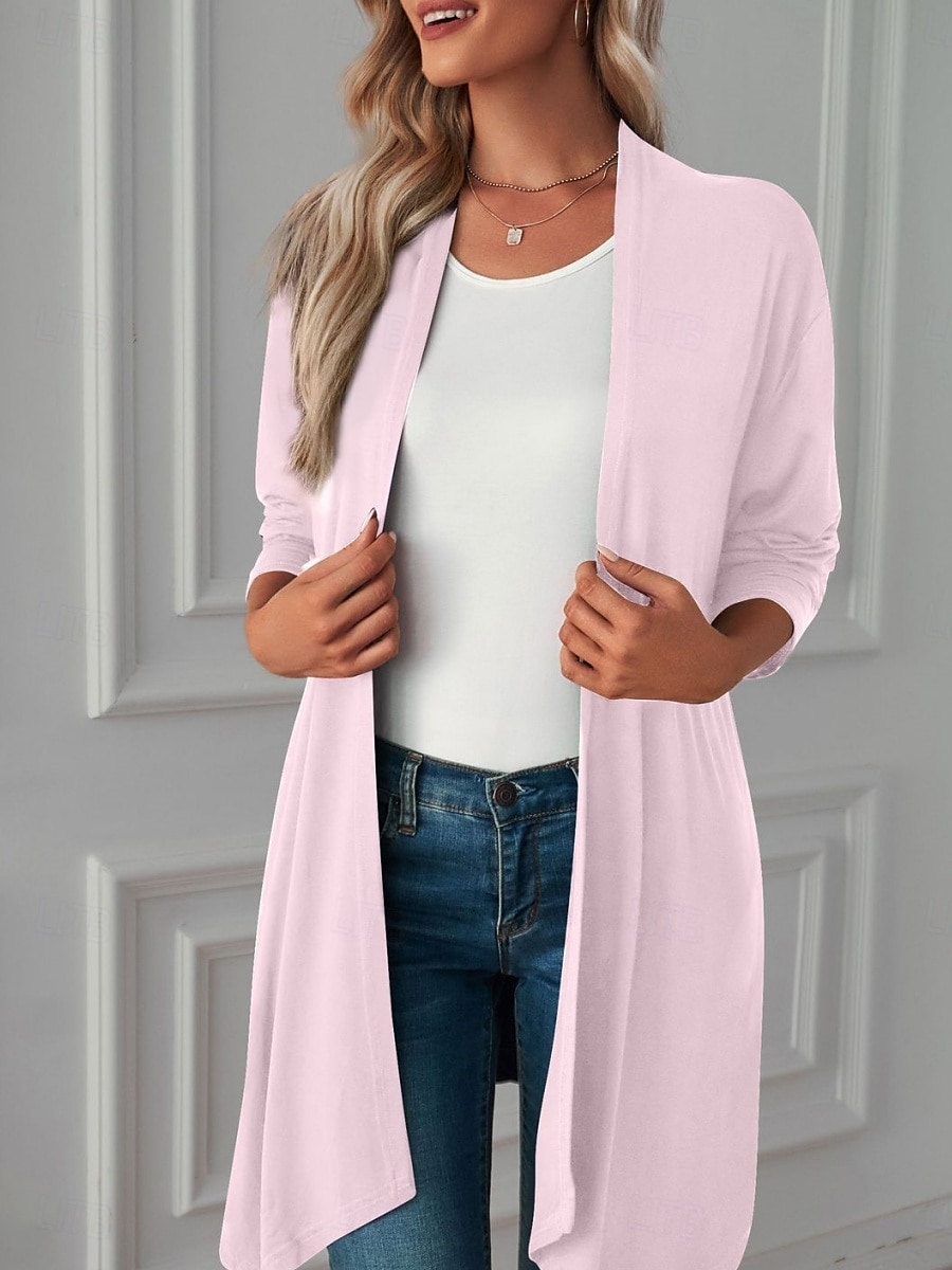 Women's Casual Jacket Breathable Comfortable Oversized Casual Plain Vacation Street Casual Daily Wear Open Front Long Collarless Regular Fit 3/4 Length Sleeve Outerwear White Pink Wine Summer Spring 2025 - $22.99 –P10