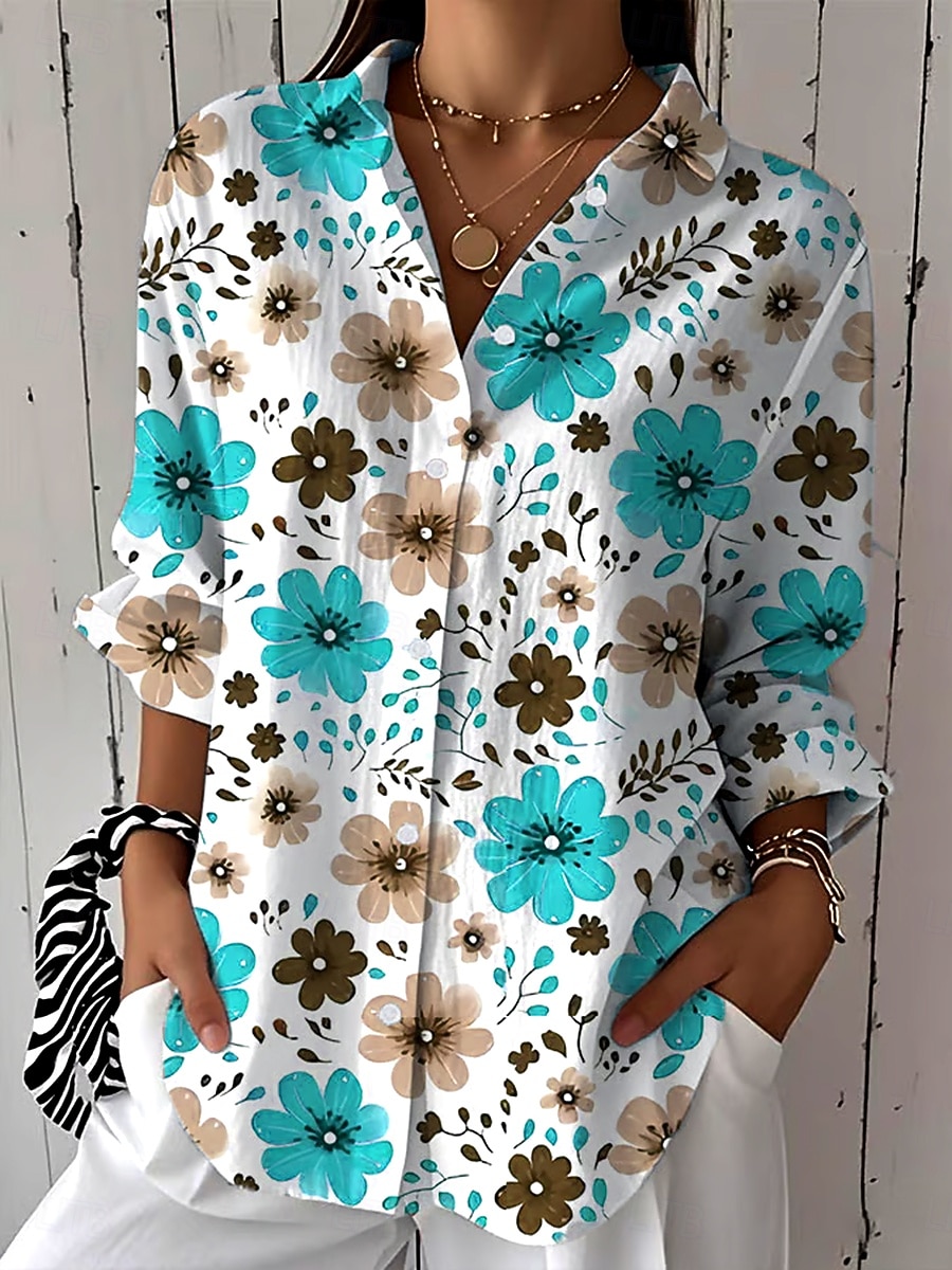 Womens Hemd Leinenähnlich Atmungsaktiv Leicht Button-Down Tunika Hemdkragen Lange Ärmel Blumengrafik Vintage Tropical Täglich Reguläre Tops Arbeit Täglicher Feiertagsdruck Rot Blau Grün Frühling 2026 - $36.99 –P4