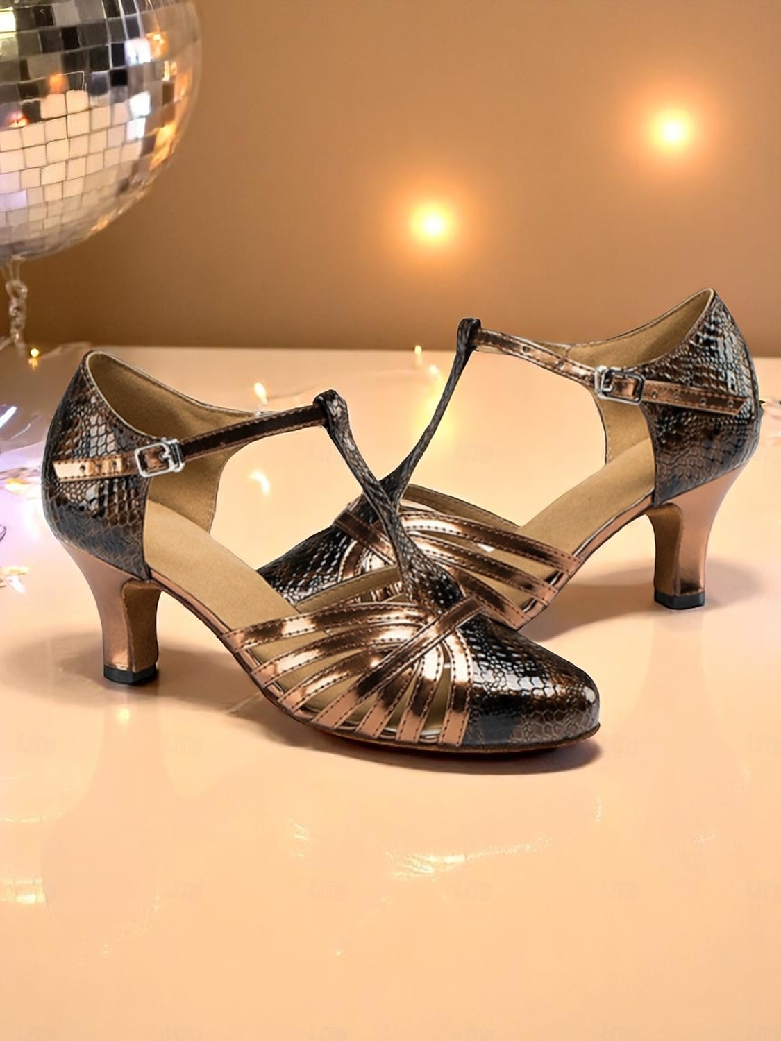 Women's Bronze T-Strap Latin Dance Heels - Shiny Snake Print Professional Ballroom Shoes for Salsa, Rumba, and Performance Events 2025 - $46.99 –P1