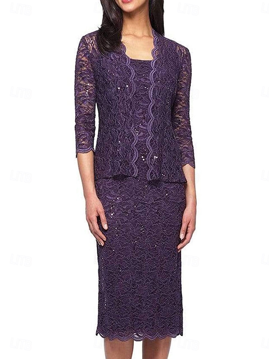 Two Piece Dress Sets Mother of the Bride Dress Elegant Square Neck Knee Length Lace 3/4 Length Sleeve with Lace 2025 - $119.99 –P5