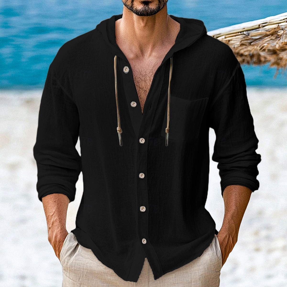Men's Shirt Linen Shirt Beach Wear Button Up Shirt Hooded Shirt Plain Vacation Casual Black White Green Khaki Long Sleeve Hooded Spring & Summer Clothing Apparel Buttons 2026 - $25.99 –P6