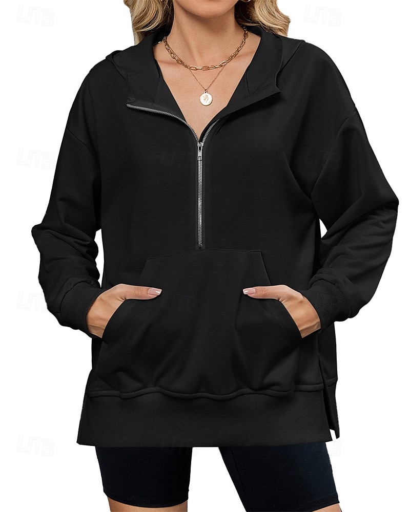 Femmes Sweat à capuche Uni Streetwear Occasionnel Confortable manche longue À capuche Hauts Réguliers Rue Fête Sortir Poche Avant Quart de zip Noir Rose Claire Bleu Kaki Gris Automne de 2025 ? $27.99 –P10