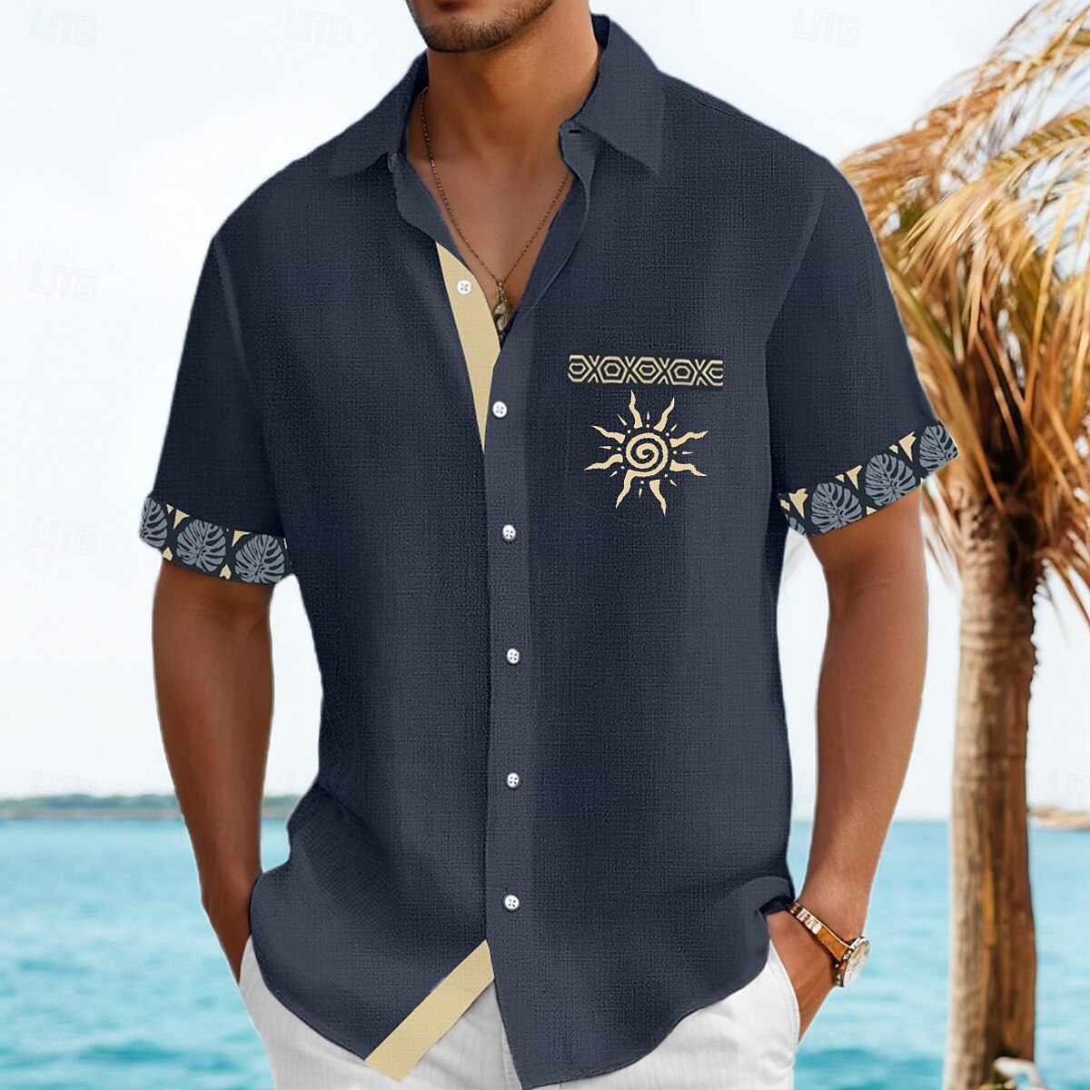 Men's Shirt Linen Shirt Summer Shirt Beach Shirt Button Up Shirt Tribal Casual Holiday Black Navy Blue Green Khaki Short Sleeve Turndown Summer Clothing Apparel Front Pocket 2026 - $26.99 –P5
