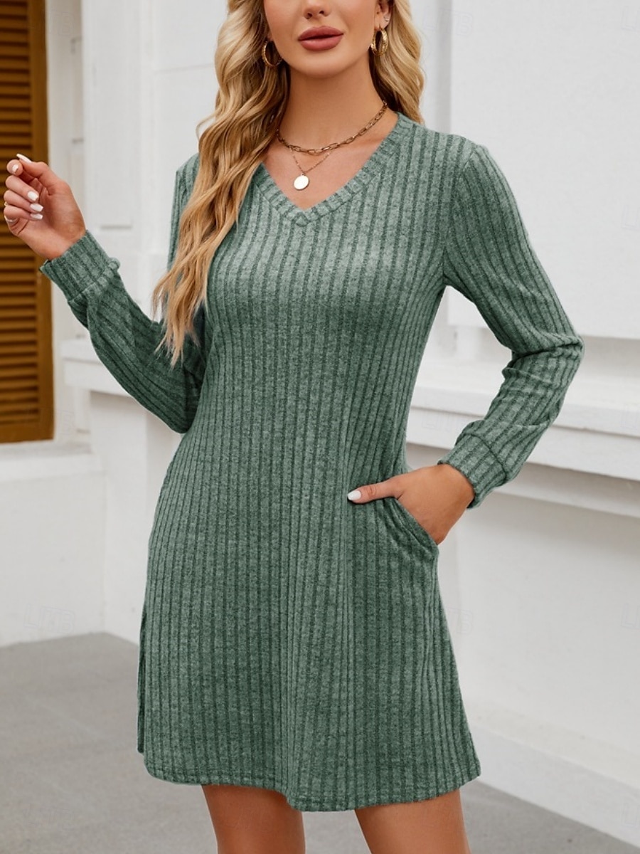 Women's Mini Dress A Line Dress Casual Daily Regular Fit Plain Long Sleeve V Neck Wine Light Brown Green Dark Gray Winter Autumn 2025 - $21.99 –P12