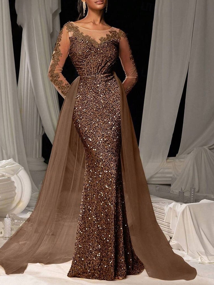 Brown Mermaid / Trumpet Evening Gown Elegant Dresse Embroidered Lace Applique Formal Wedding Floor Length Long Sleeve Crew Neck Tulle with Sequin Skirt 2025 - $119.99 –P7