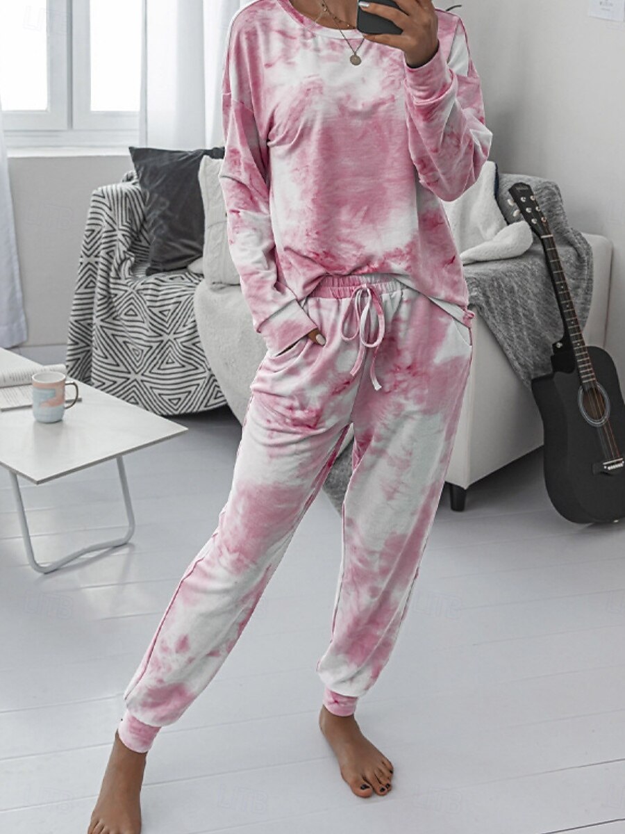 Damskie Zestawy piżamowe Codzienny Wygoda Wzór tie-dye Elastyczny pas Podkoszulek Nogawka Dom Codzienny Długi rękaw Półgolf Rumiany róż Niebieski Zielony Tęczowy Szary Lato Wiosna Jesień Regularny 2025 - $23.99 –P5