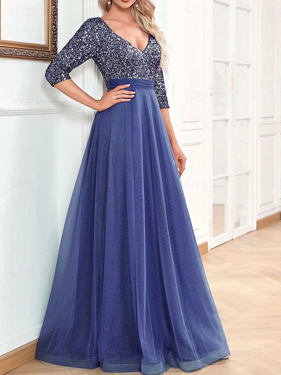 Vestido de Gala em A Vestido Elegante Formal Casamento Comprimento do Chão Manga 3/4 Decote em V Com Lantejoulas com Lantejoulas de 2025 por $119.99 –P13