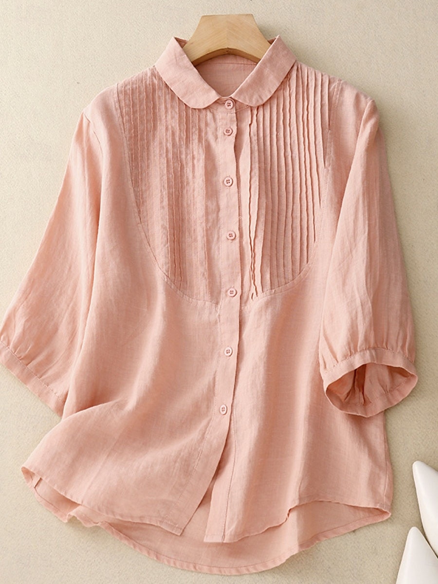 Per donna Camicie di cotone e lino Tinta unica Elegante Essenziale Casual Manica 3/4 Colletto a Camicia Top Regolari Quotidiano Bottoni Bianco Rosa Azzurro Estate del 2025 a $34.99 –P1