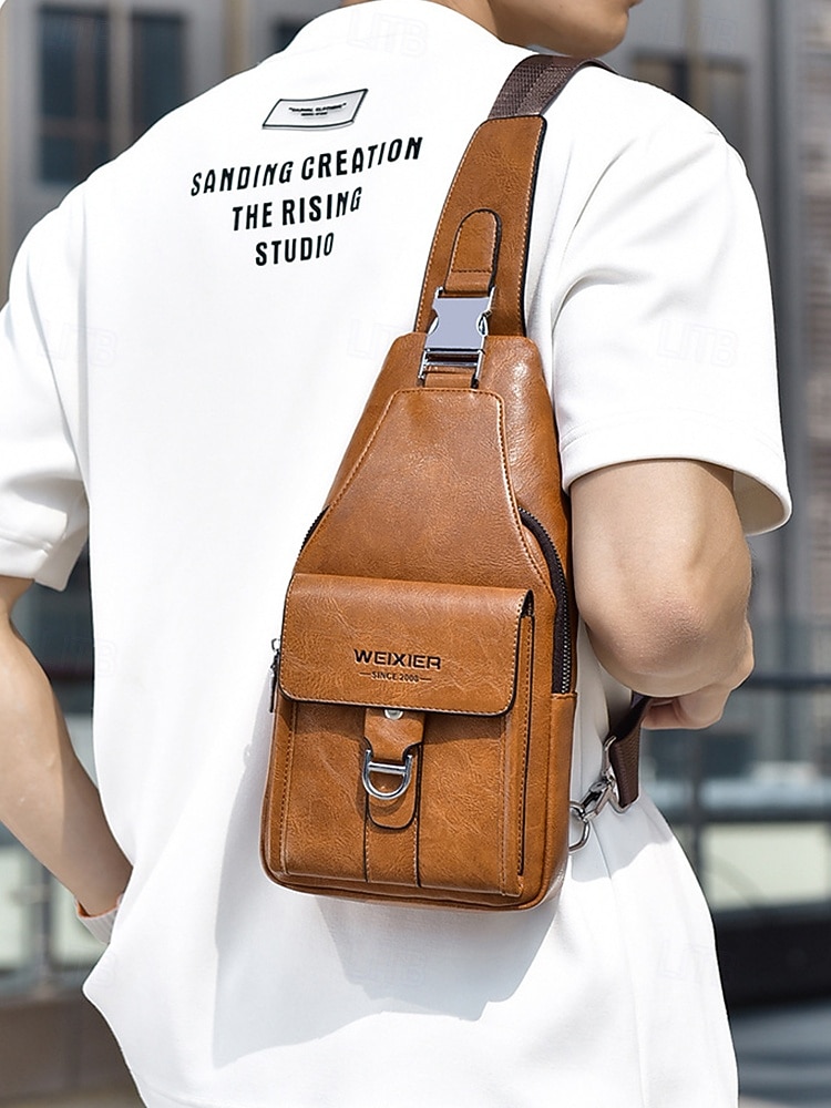 Ανδρική καφέ τσάντα χιαστί από τεχνητό δέρμα - αδιάβροχη και ανθεκτική στις γρατσουνιές τσάντα στήθους με ρυθμιζόμενο ιμάντα ώμου για ταξίδια, εργασία ή καθημερινή χρήση σε πάρτι 2026 - $19.99 –P2
