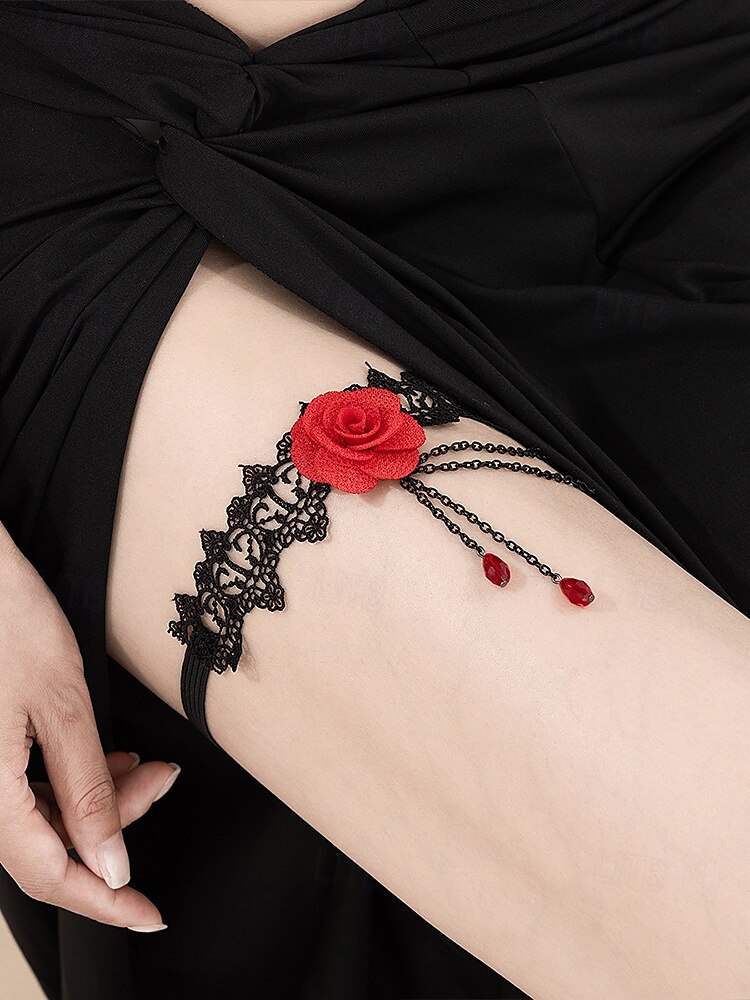 Liga elástica de encaje gótico con rosas para mujer, con cadenas y cuentas, joyería elástica vintage para muslos, ideal para fiestas de Halloween y cosplay. 2025 - $9.99 –P2