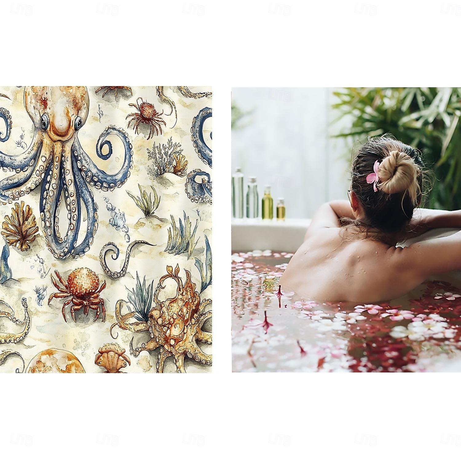 Cortina de ducha con diseño de tortuga marina y ganchos para baño, juego de decoración de baño de poliéster impermeable, paquete de 12 ganchos de plástico 2026 - $21.99 –P12