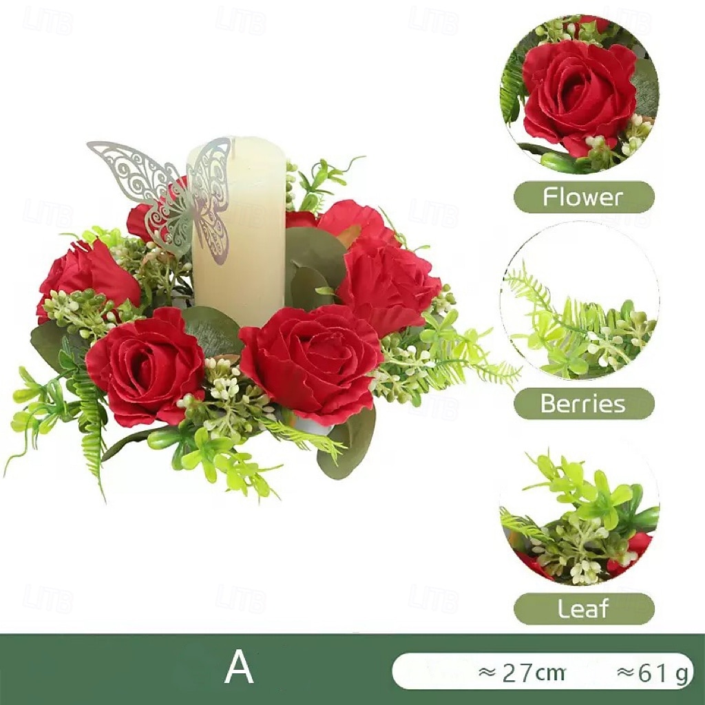 műrózsa gyertyagyűrű koszorú, virágos gyertyatartó dekoráció esküvőre, asztaldíszre, fesztiválra vagy európai stílusú lakberendezésre 2026 - $11.99 –P6