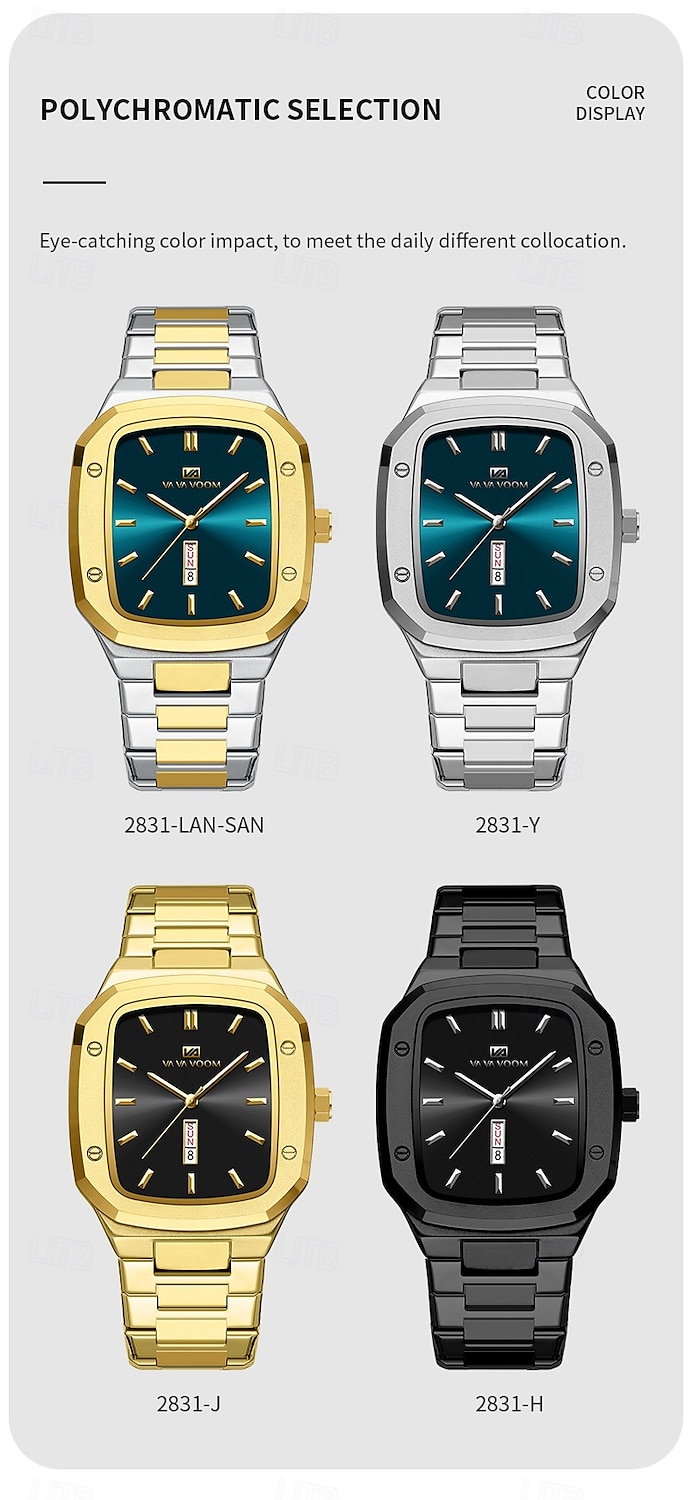 VA VA VOOM Top Brand Men Wrist Watches Luxury Waterproof Gold Black Silver Date Week Display Square Watch for Men Stainless Steel Watc 2025 - $26.99 –P5