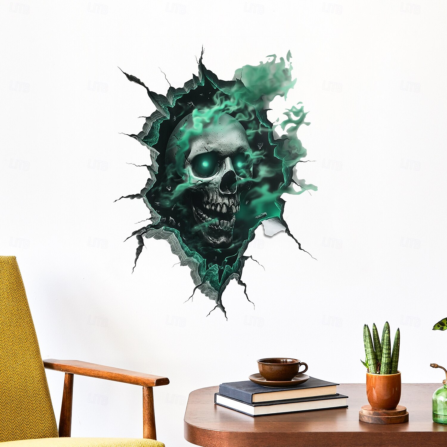 Halloweenská samolepka na zeď 3D lebka realistický děsivý průlomový design lebky, samolepicí bytová dekorace do obývacího pokoje sváteční atmosféra 2025 - $6.49 –P4