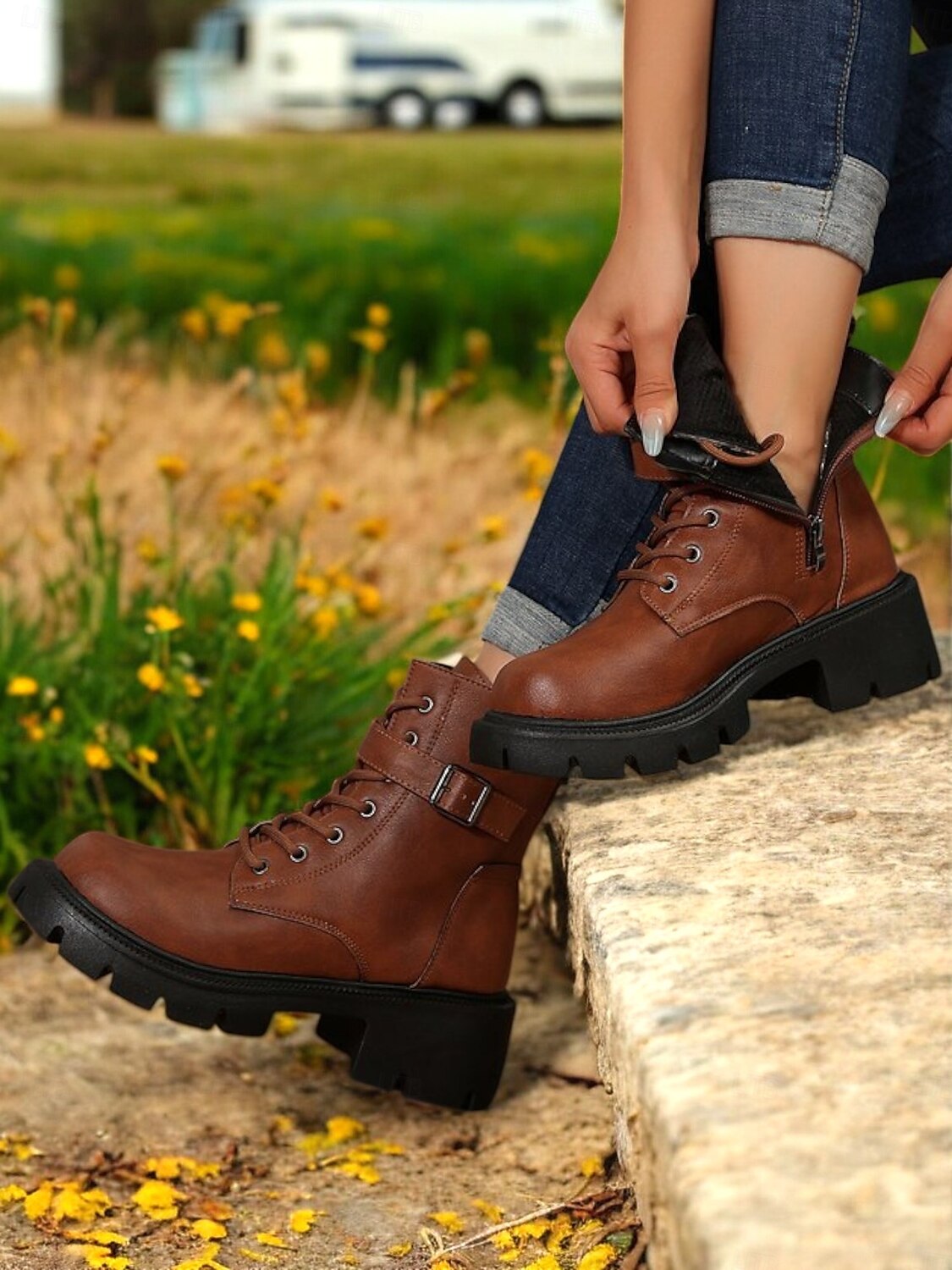 Bottines de combat marron à lacets pour femmes avec fermeture éclair latérale et semelle crantée épaisse – bottines d'extérieur élégantes pour l'automne, l'hiver et le streetwear décontracté de 2025 ? $42.99 –P4