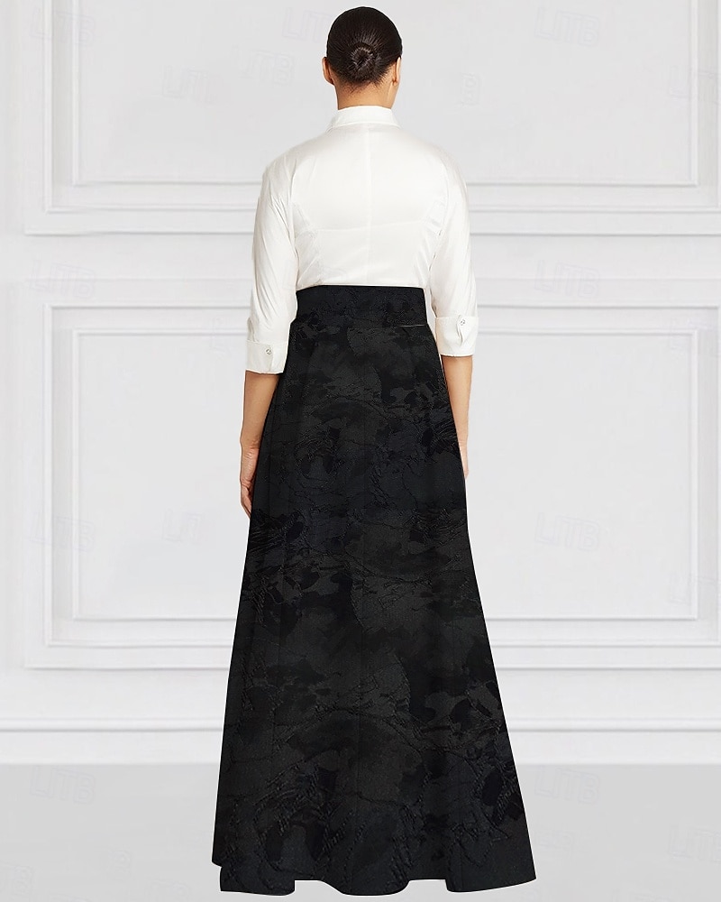 Grün Schwarz und Weiß A-Linie Brautmutter Kleid Elegantes Vintage Hemdkragen Bodenlang Stretchstoff Langarm mit 2025 - $139.99 –P5