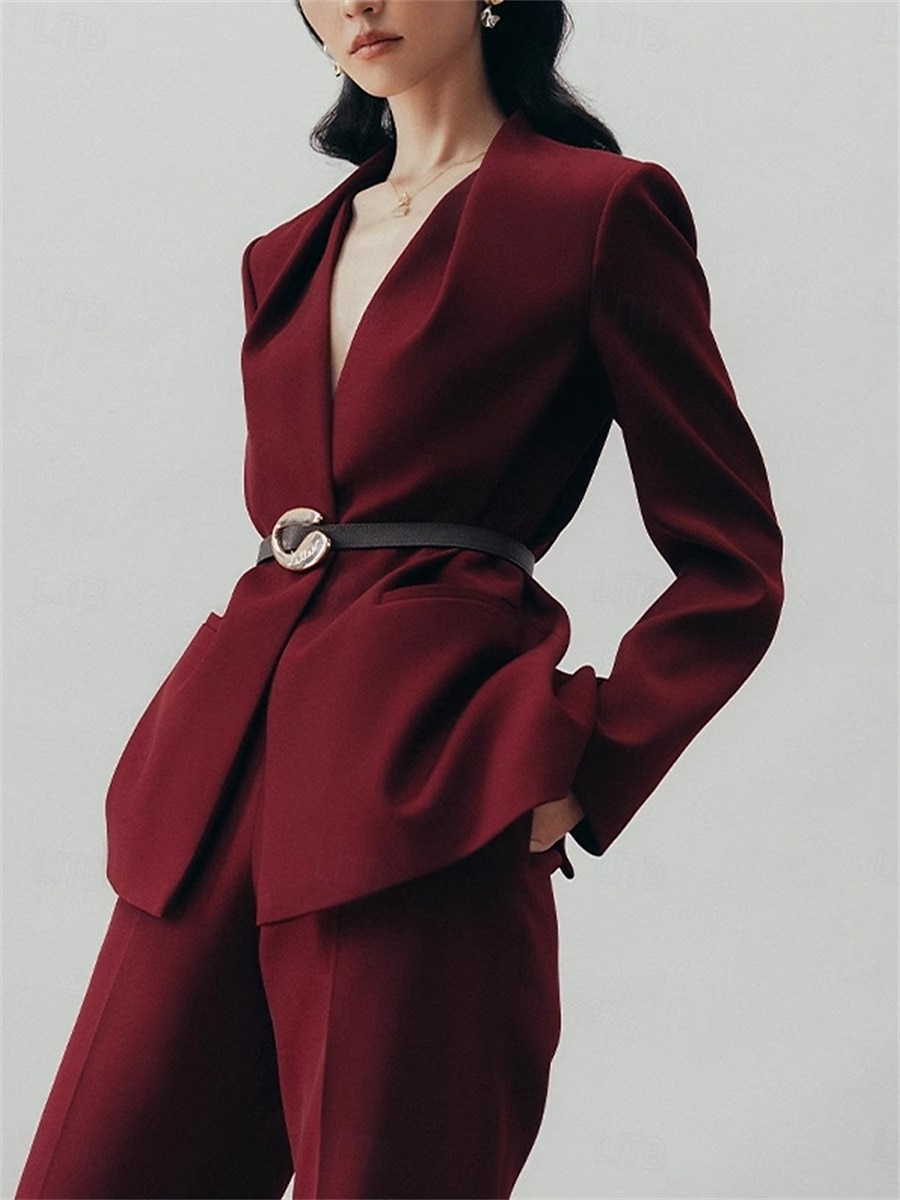 Tvådelad Byxdress Brudens Mor Kragefri Plisserad Blazer Set V-Nacke Långa Ärmar Golvlängd Byxor 2025 - $169.99 –P4