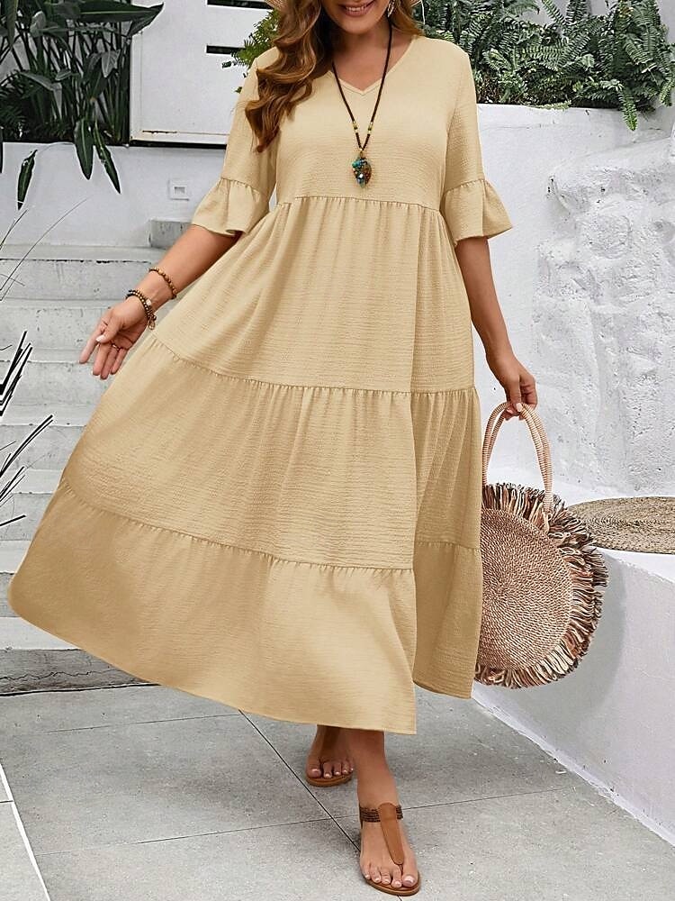 Women's Maxi Dress A Line Dress Vacation Casual Beach Daily Holiday Date Plain Half Sleeve V Neck Navy Black Ivory Yellow Summer 2025 - $39.99 –P6