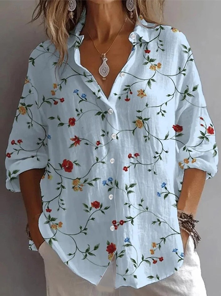 Women's Shirt Floral Graphic Vintage Tropical Daily Long Sleeve Shirt Collar Regular Tops Work Daily Holiday Buttons Print White Light Blue Summer Spring 2025 - $32.99 –P2