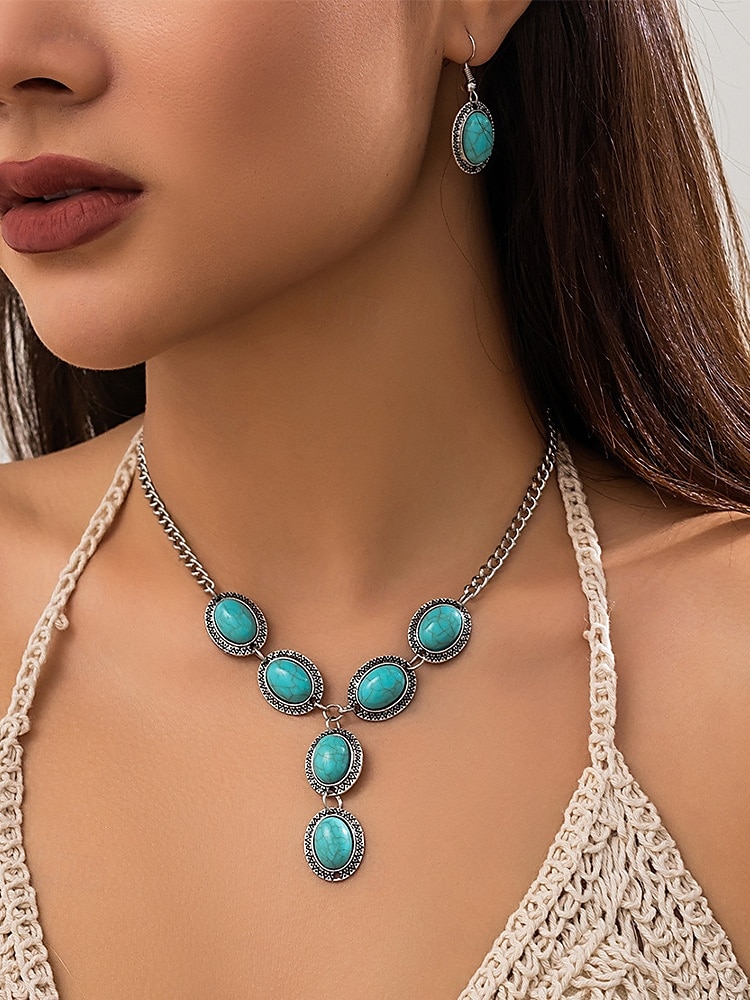 Set di gioielli da donna in turchese – collana con ciondolo ovale vintage placcato argento e orecchini pendenti per stile boho, festival estivi e feste in spiaggia del 2025 a $11.99 –P1