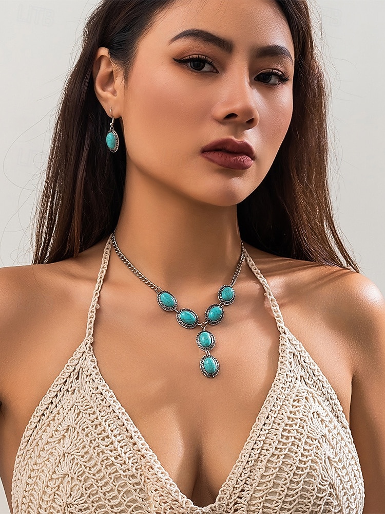 Set di gioielli da donna in turchese – collana con ciondolo ovale vintage placcato argento e orecchini pendenti per stile boho, festival estivi e feste in spiaggia del 2025 a $11.99 –P2