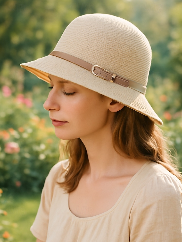 Opvouwbare polyester zonnehoed met brede rand voor dames met gespdetail - opvouwbare zomerstrandhoed voor reizen, tuinieren en buitenactiviteiten 2026 - $11.99 –P1