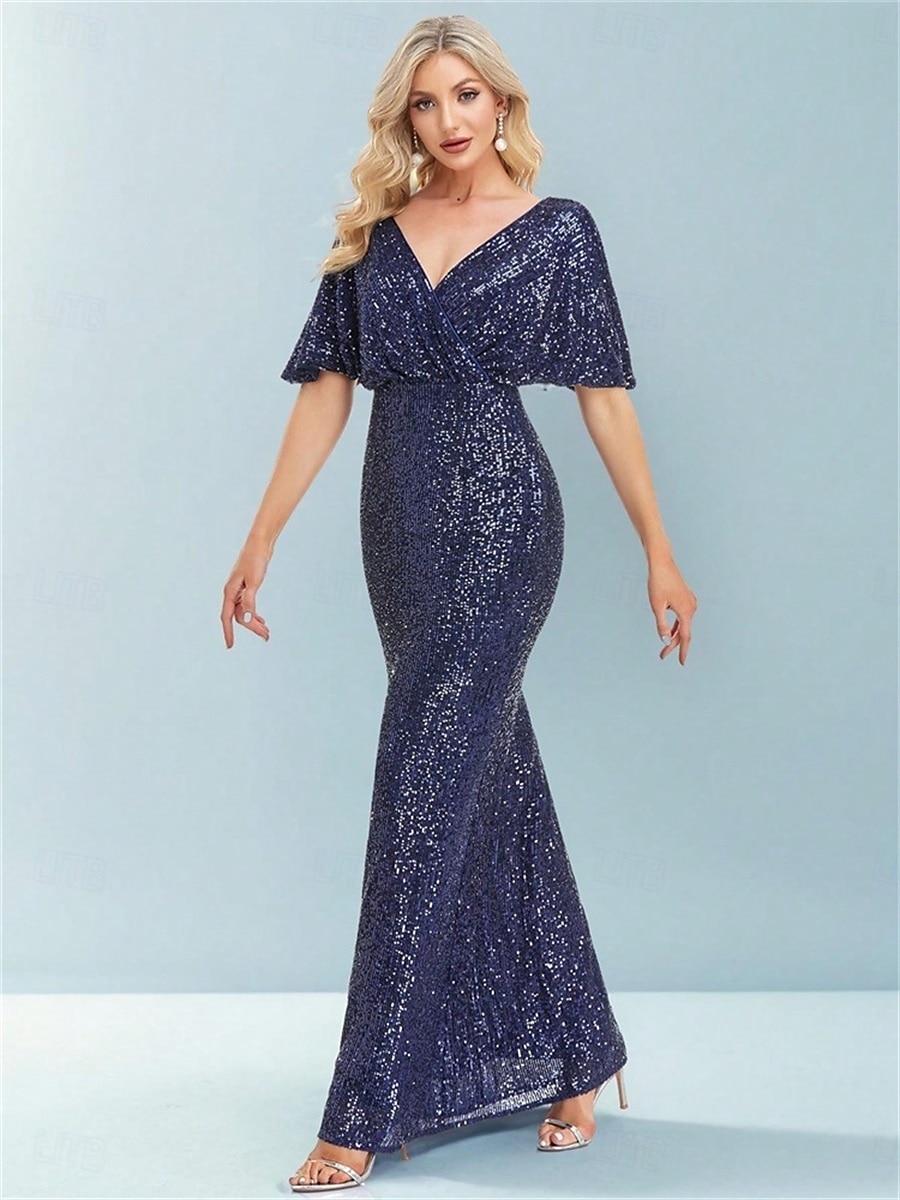 Abiti da festa per quindici anni sirena  tromba abito elegante formale da matrimonio lunghezza a terra maniche corte scollatura a V poliestere con glitter del 2025 a $99.99 –P6